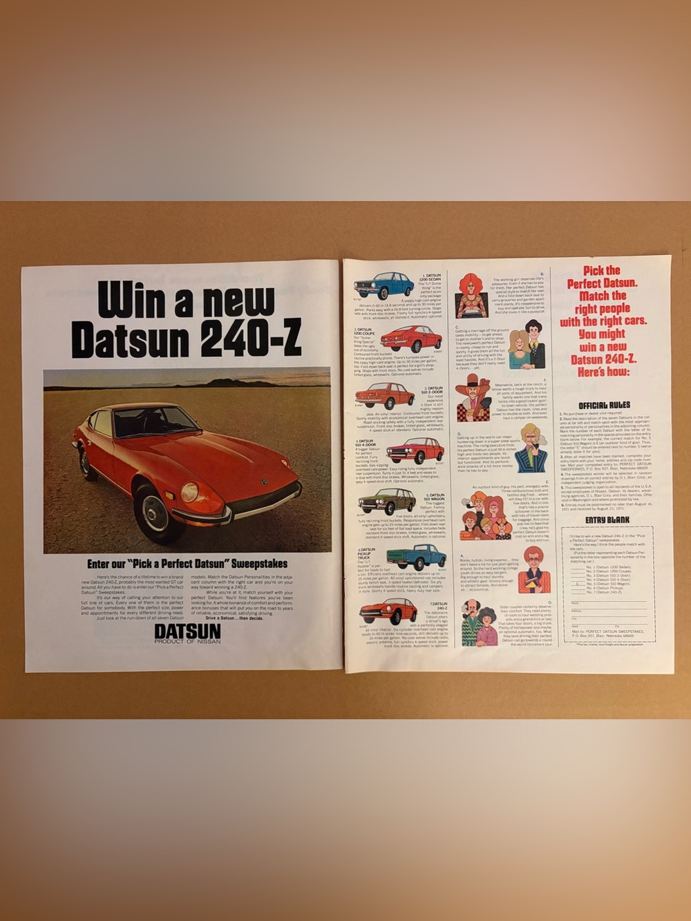 1971 Datsun 240-Z Vintage LIFE Magazine 2-Page Ad Pick a Perfect Datsun Nissan